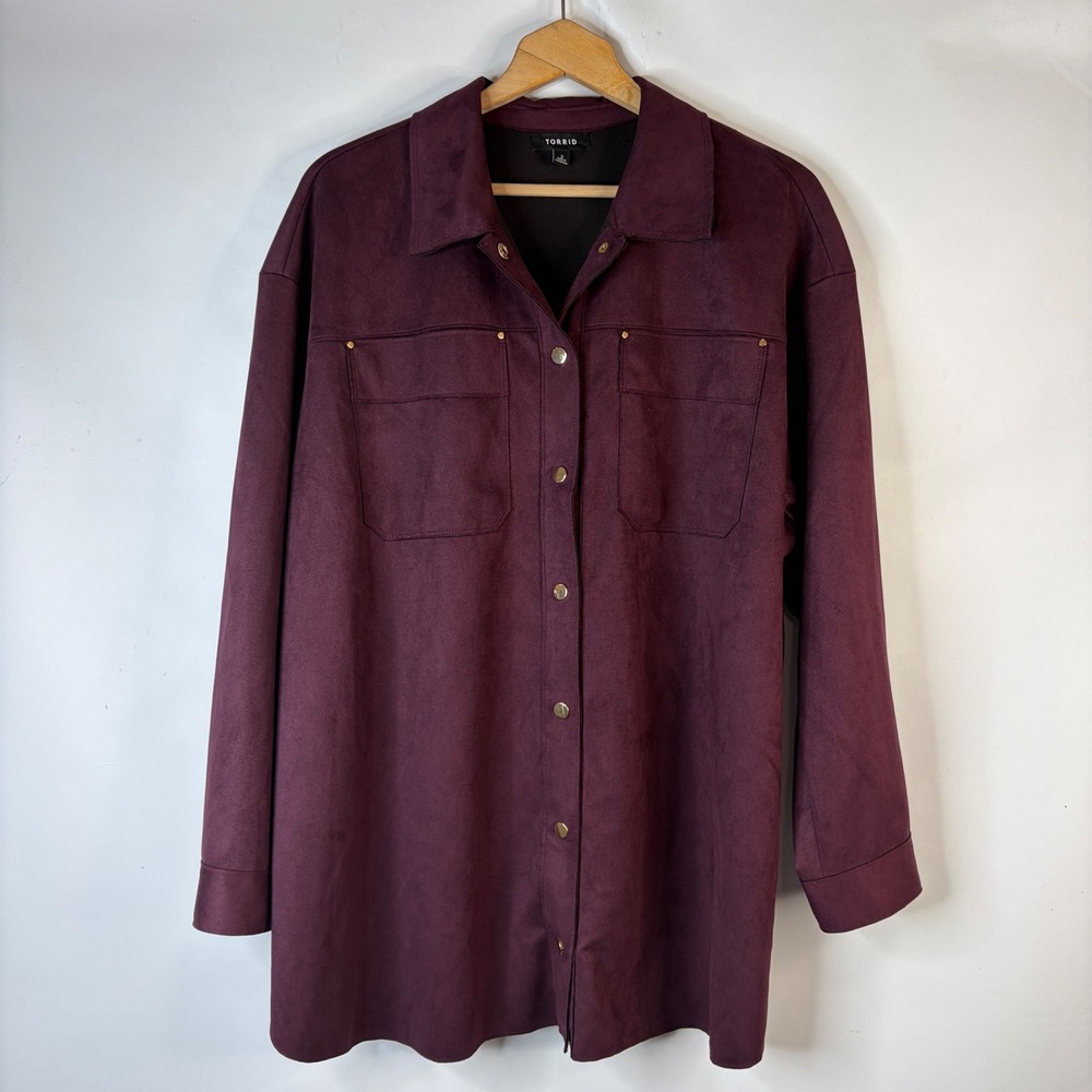 Torrid Faux Suede Shacket Women 2 Purple Button Down Long Sleeve Chest Pockets